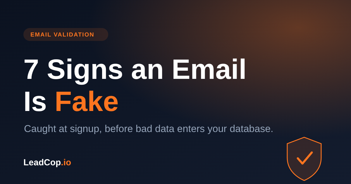 7 Signs an Email Is Fake: caught at signup, on a LeadCop blog cover