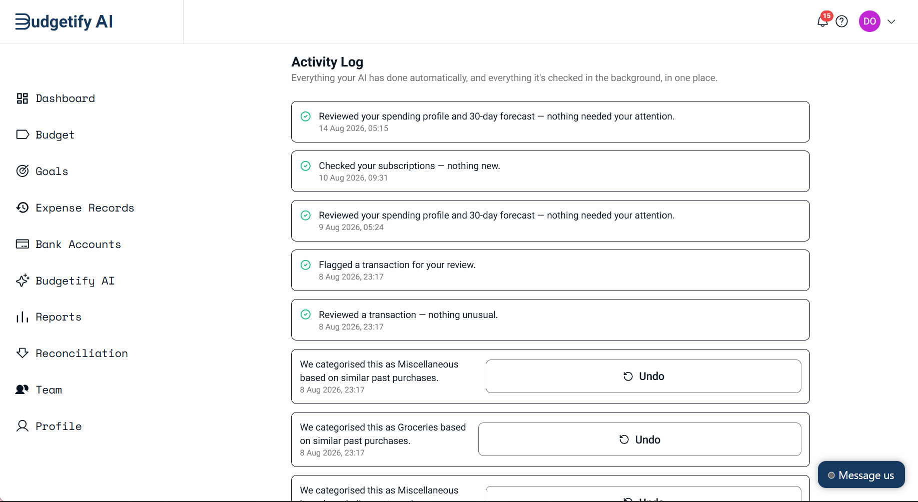 Budgetify AI Agent Log Screenshot