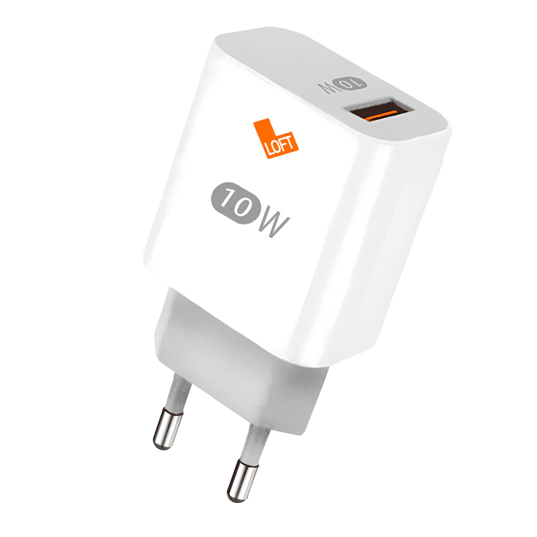 Carregador Loft USB 10W Branco com design leve e compacto