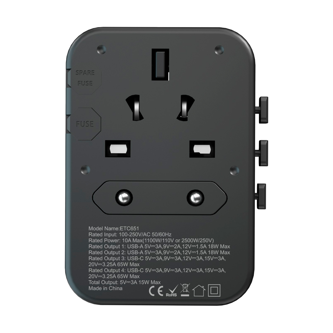 Adaptador de viagem com plugues retráteis e tomada universal