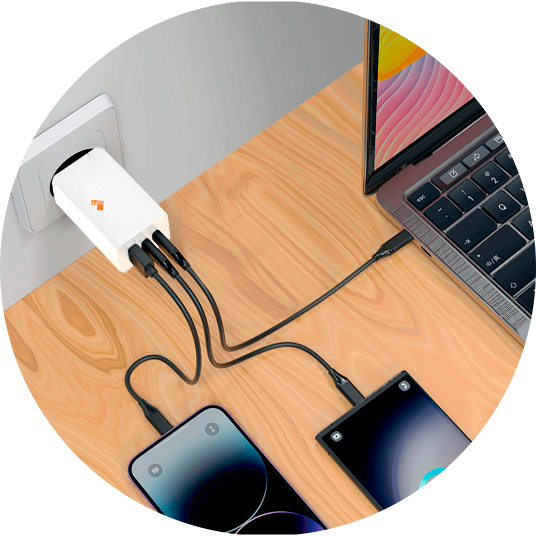 Carregador Loft GaN 100W conectado em múltiplos dispositivos