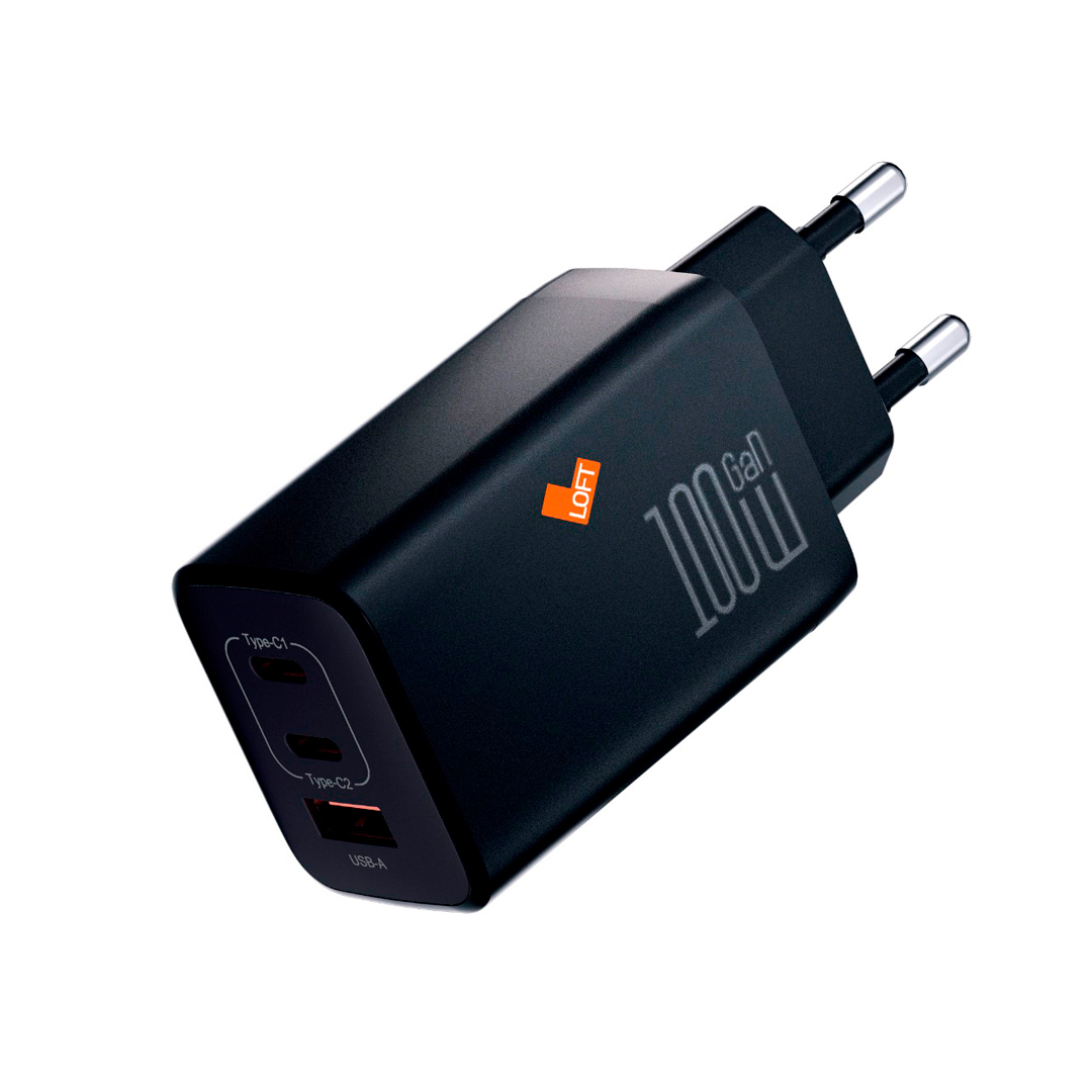 Carregador Loft GaN 100W branco leve e compacto