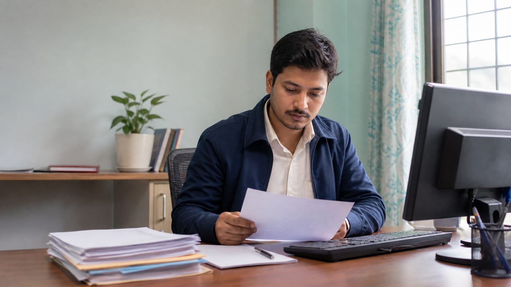 A Nepali Assistant Computer Operator candidate reviewing application documents beside a desktop computer