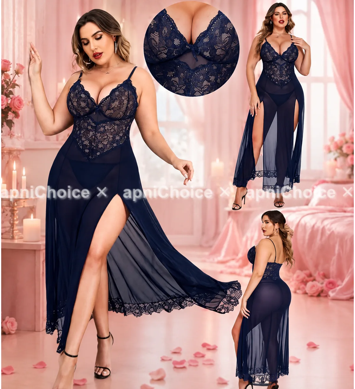 Women Navy Blue Lace Babydoll Nightdress with Sheer Long Slit Robe – Stylish Romantic Nightwear - view 2