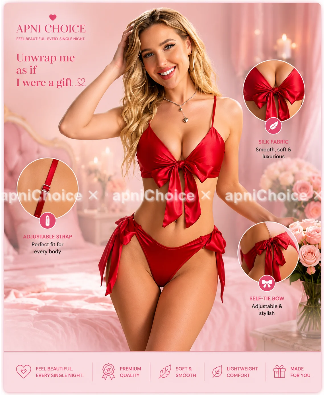 Red Satin Bow Bikini Lingerie Set for Women with Adjustable Straps - view 2