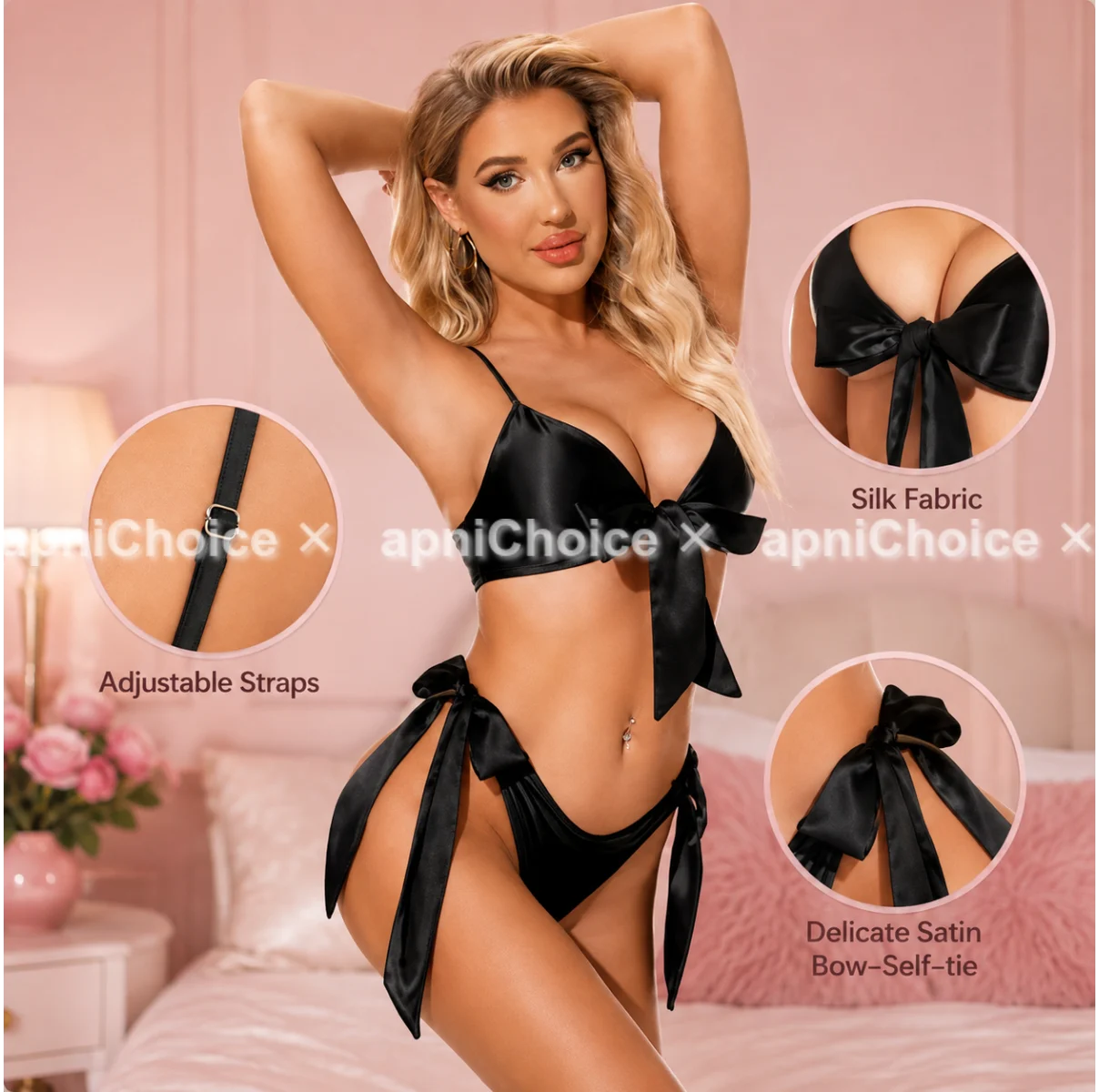 Black Satin Bow Bikini Lingerie Set for Women with Adjustable Straps - view 2