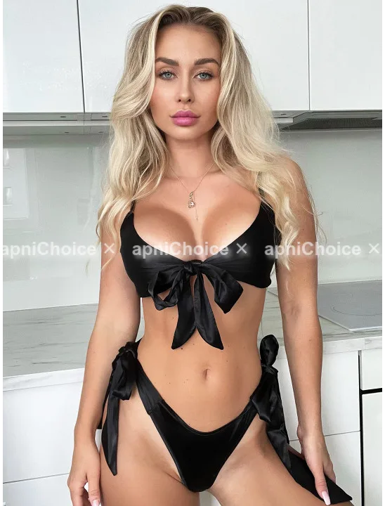 Black Satin Bow Bikini Lingerie Set for Women with Adjustable Straps - view 4
