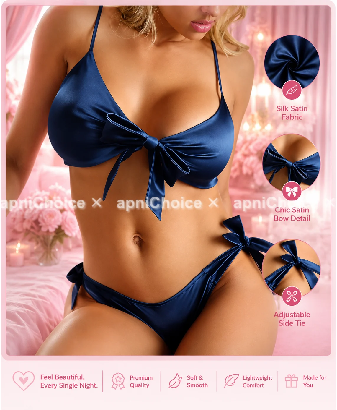 Blue Satin Bow Bikini Lingerie Set for Women with Adjustable Straps - view 3