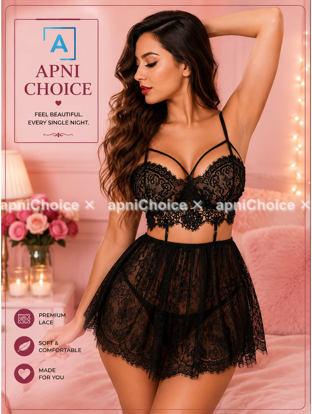 Black Lace Lingerie Set for Women – Romantic Two Piece Nightwear - view 6