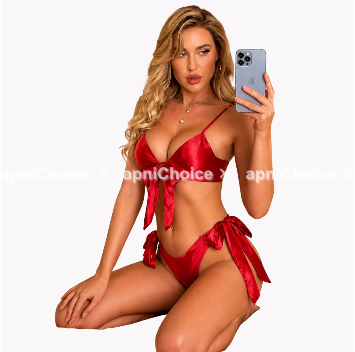 Red Satin Bow Bikini Lingerie Set for Women with Adjustable Straps