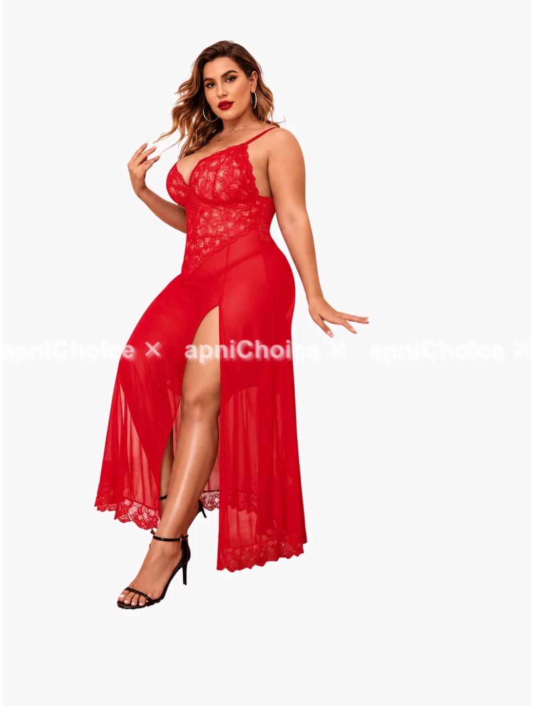 Red Sheer Lace Babydoll Nightdress for Women with High Slit