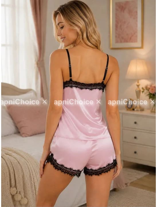 Women’s Baby Pink Satin Cami Top & Black Lace Trim Shorts Nightwear Set - view 6