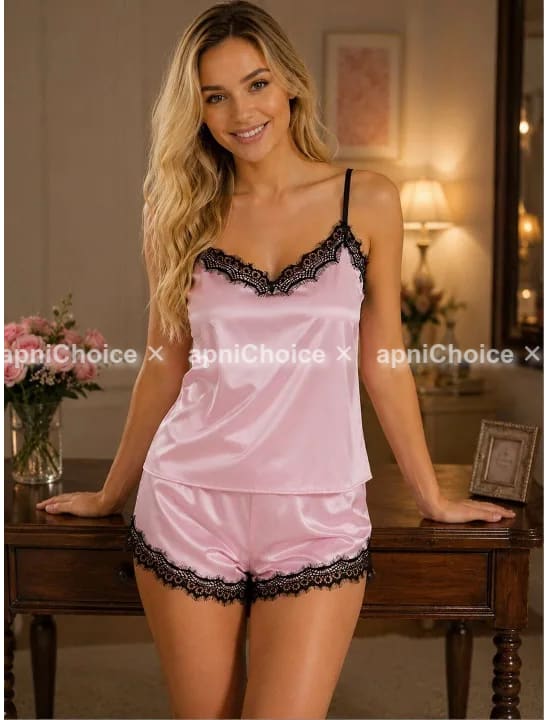 Women’s Baby Pink Satin Cami Top & Black Lace Trim Shorts Nightwear Set - view 3
