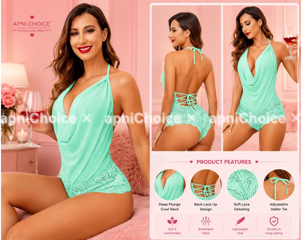 Women’s Mint Green Halter Neck Lace Trim Satin Bodysuit - view 4