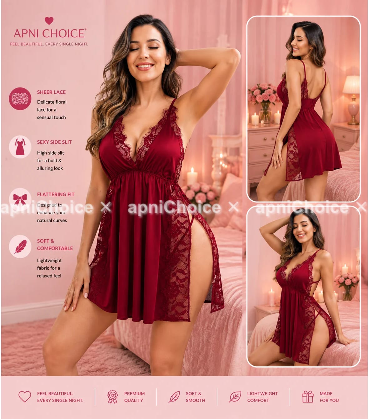 Women’s Red Satin Lace Trim Babydoll Nightdress