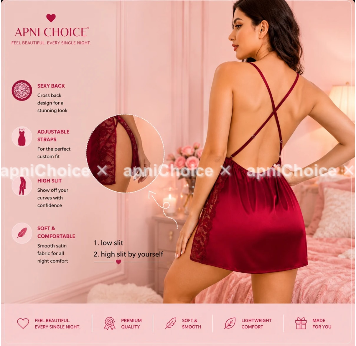 Women’s Red Satin Lace Trim Babydoll Nightdress - view 2