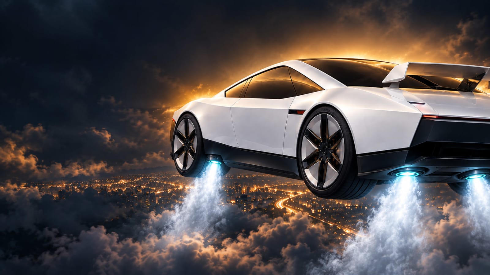 The white Roadster flies away over the night clouds, thrusters firing