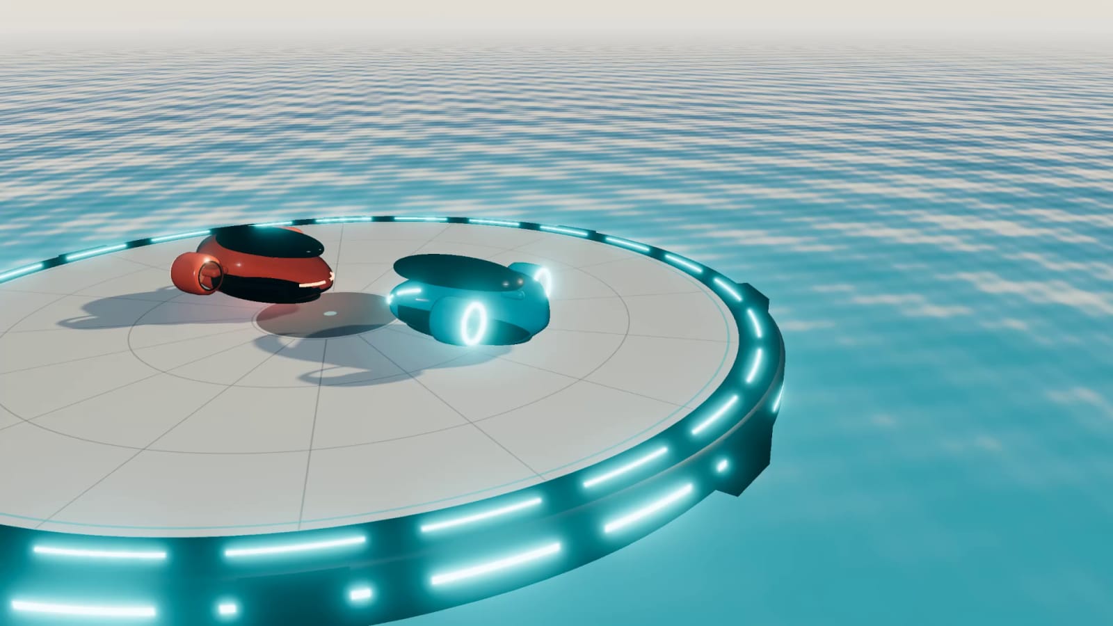 Concept render: the aqua and coral pods facing each other on the arena before the duel