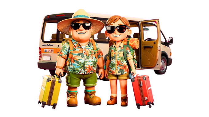 Explorer couple boarding an airport shuttle van with luggage