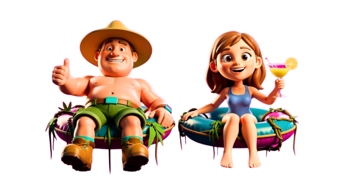 Explorer couple floating on inner tubes down a jungle cenote river