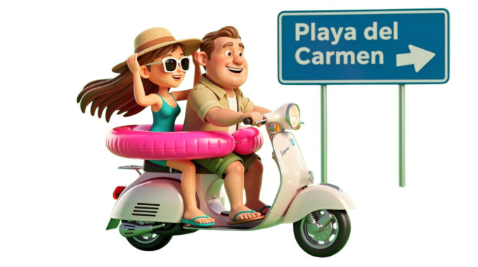 Explorer couple riding a scooter past a Playa del Carmen road sign