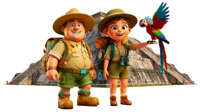 Explorer couple in front of Chichén Itzá pyramid with a parrot
