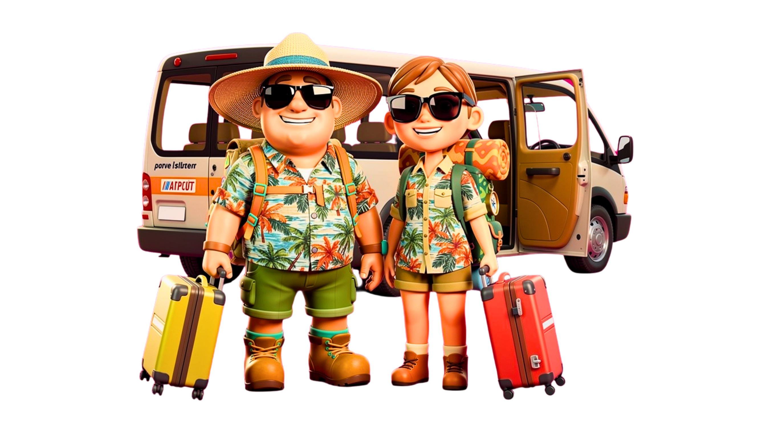 Explorer couple boarding an airport shuttle van with luggage
