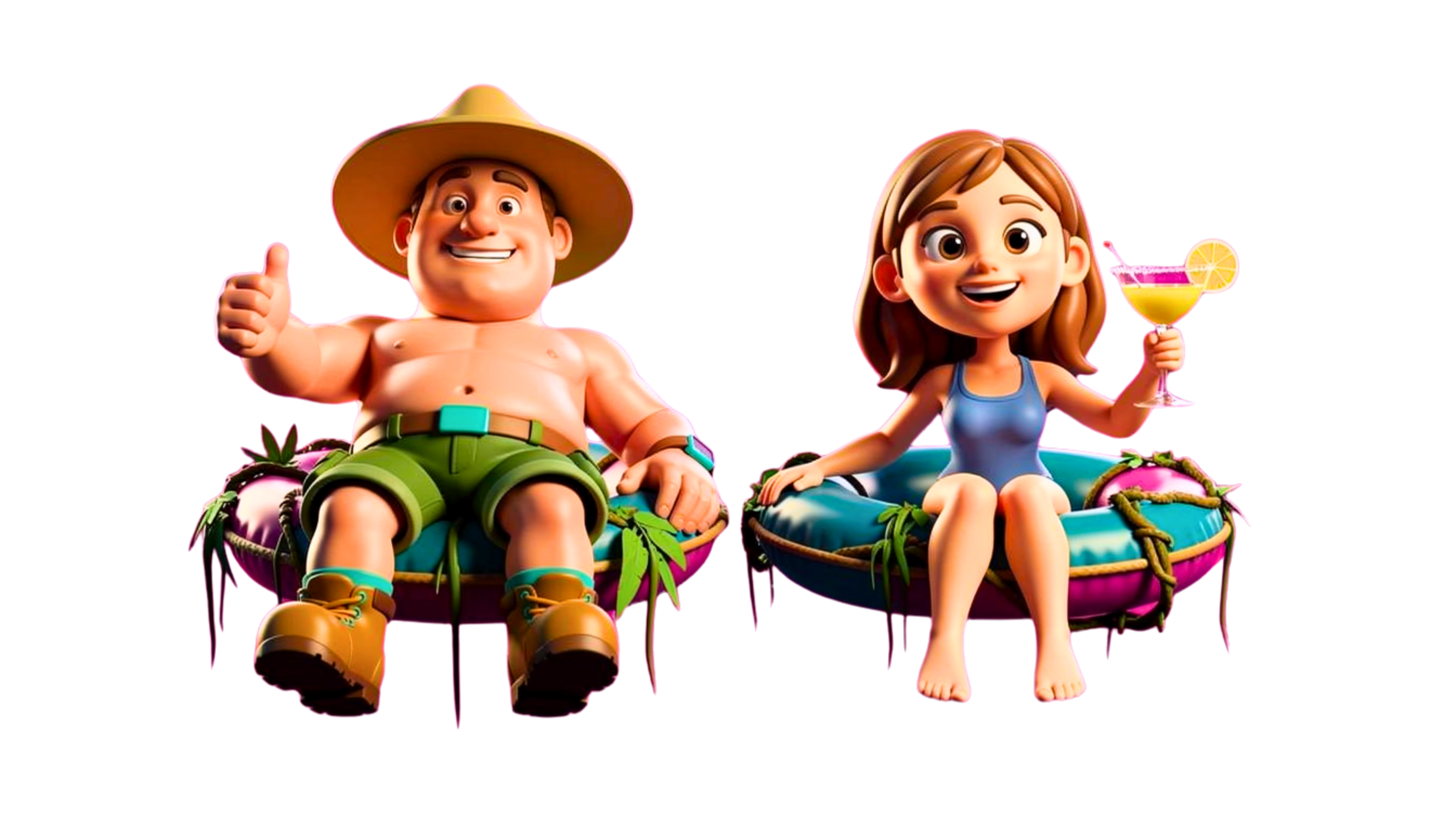 Explorer couple floating on inner tubes down a jungle cenote river