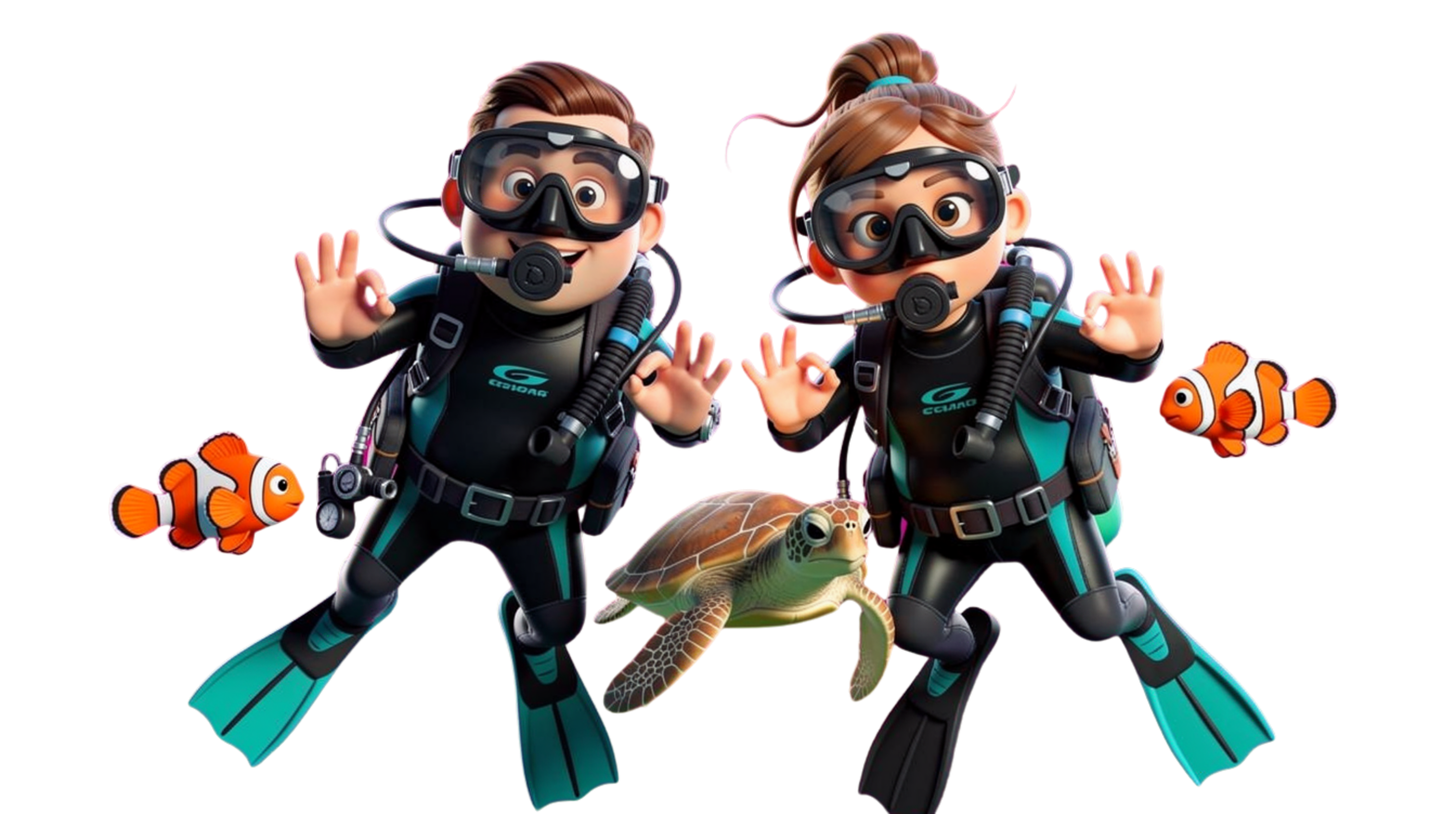 Explorer couple scuba diving with a sea turtle and clownfish