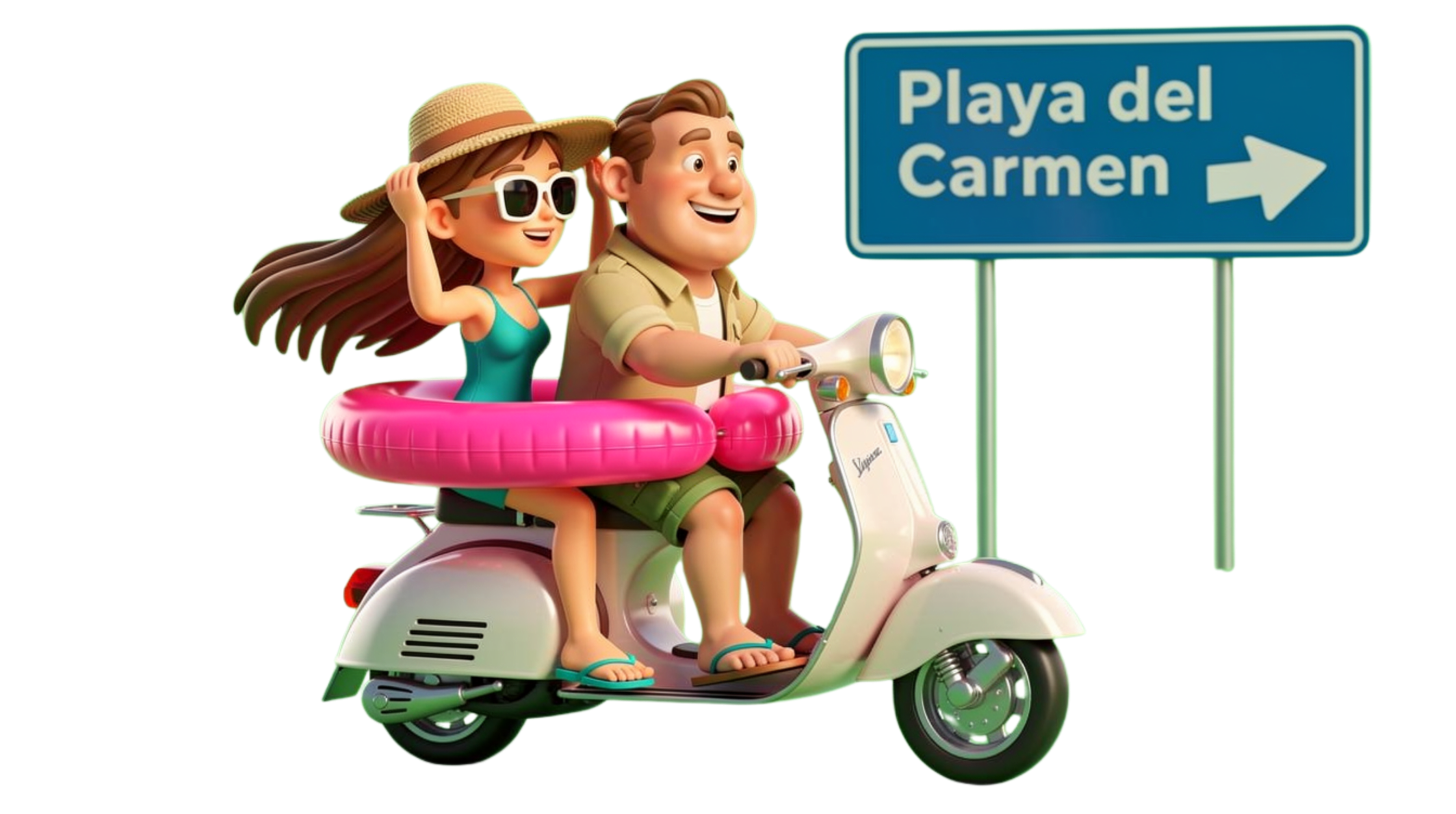 Explorer couple riding a scooter past a Playa del Carmen road sign