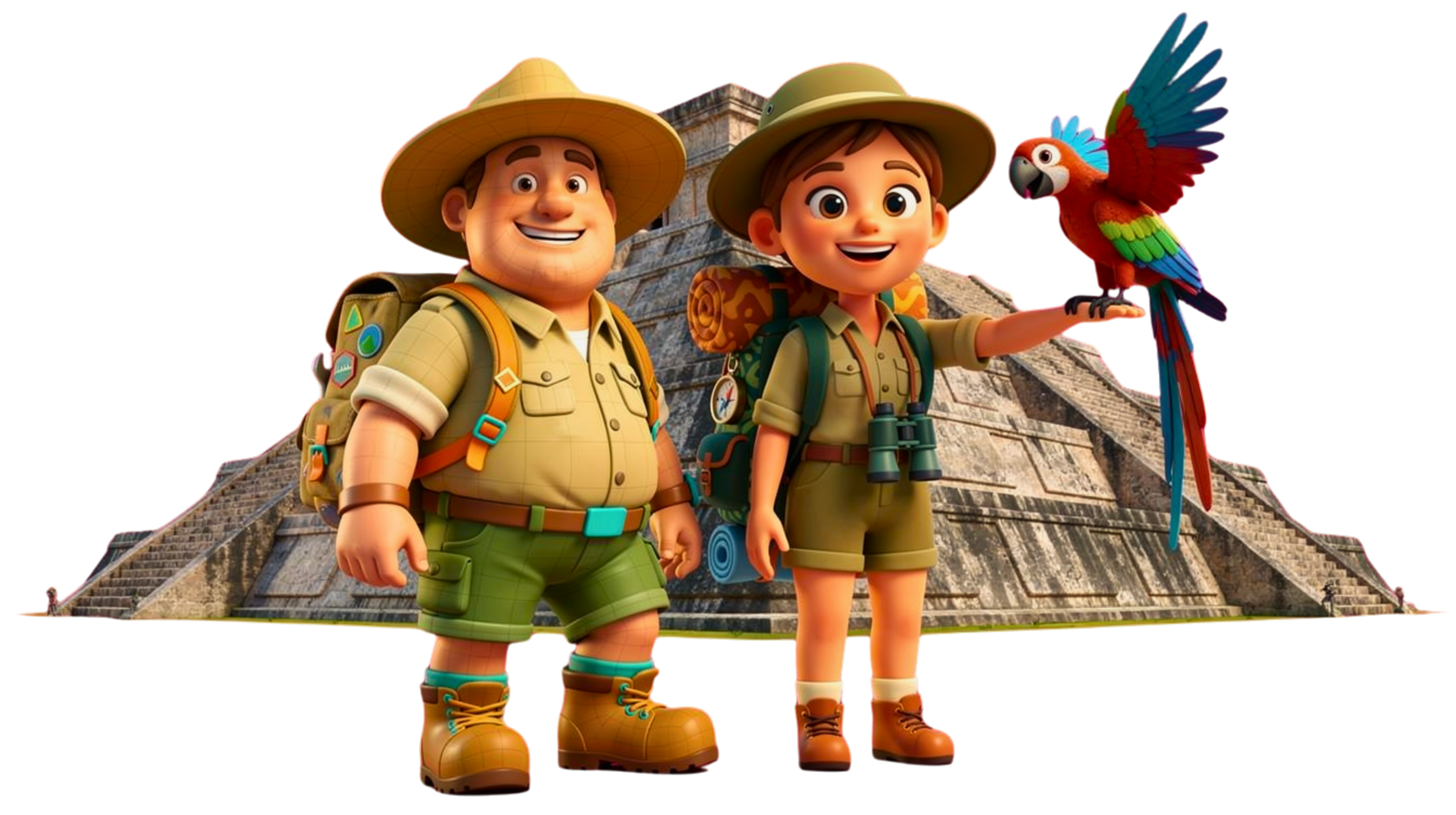 Explorer couple in front of Chichén Itzá pyramid with a parrot