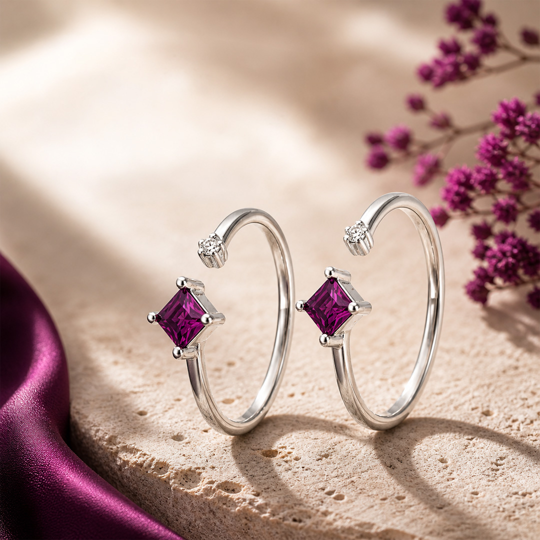Pink stone open silver toe ring