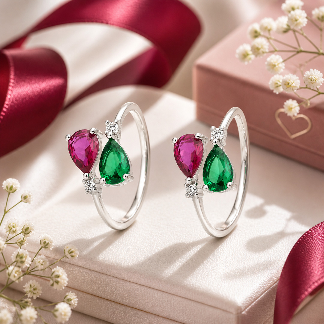 Royal Duet — pink and green stone silver ring