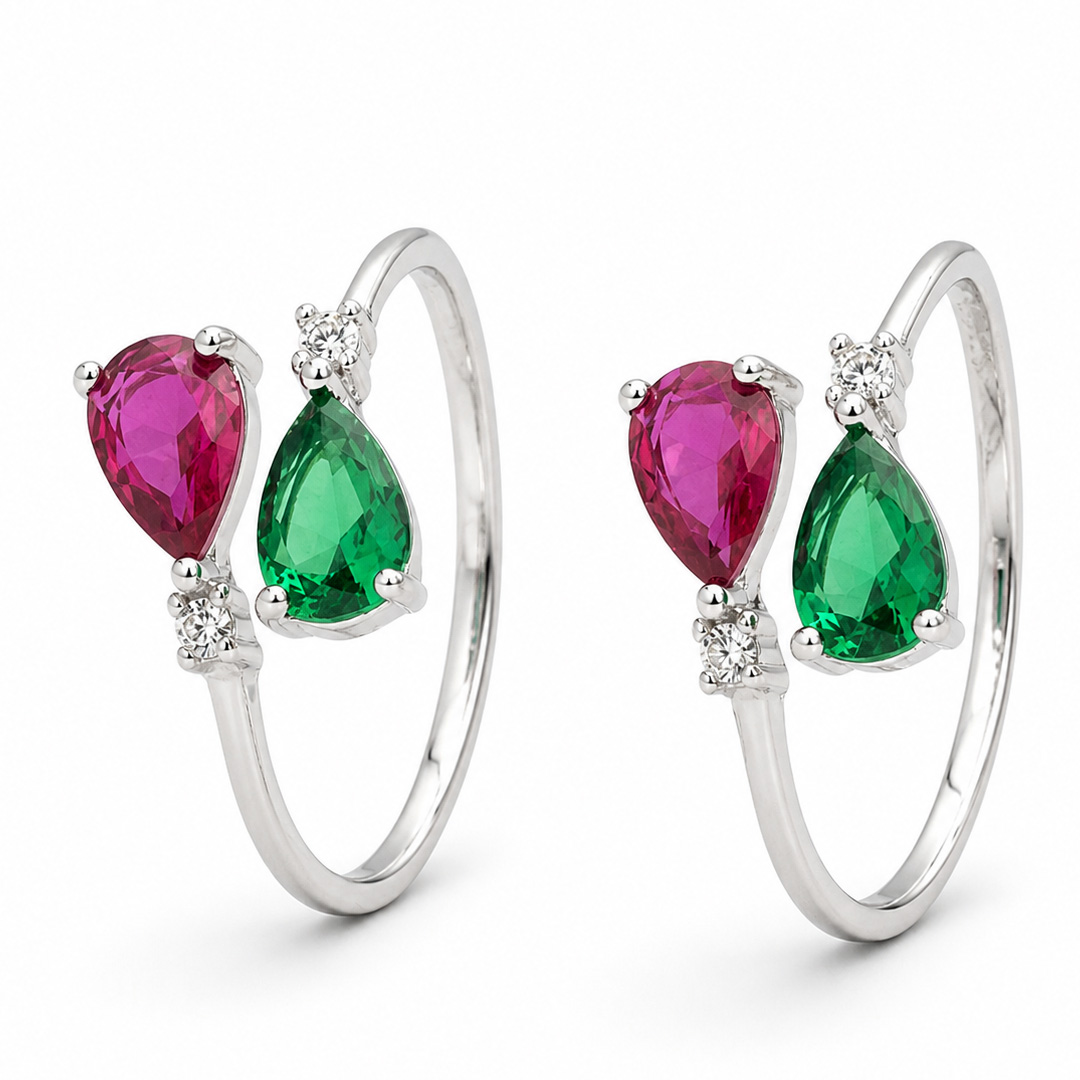 Royal Duet — pink and green stone silver ring