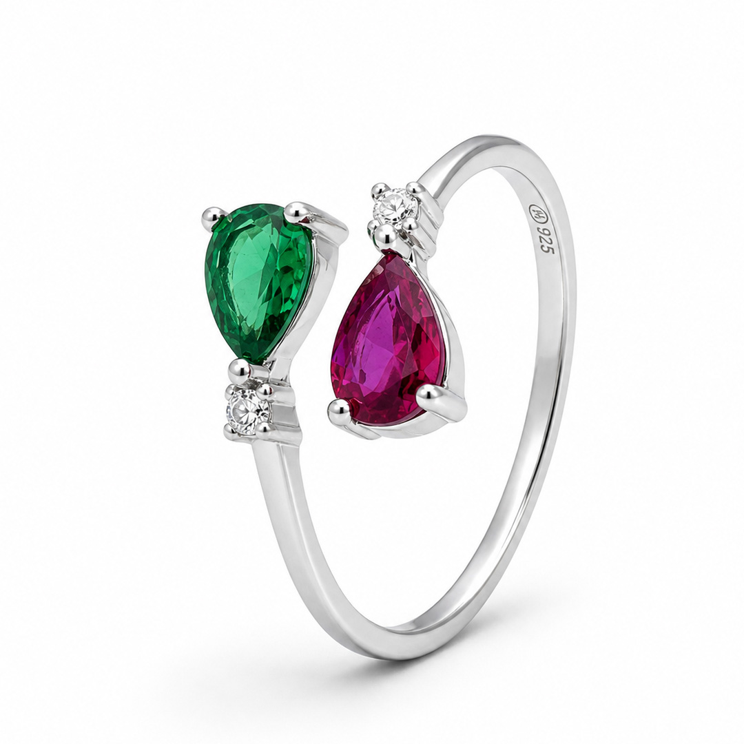 Royal Duet — pink and green stone silver ring