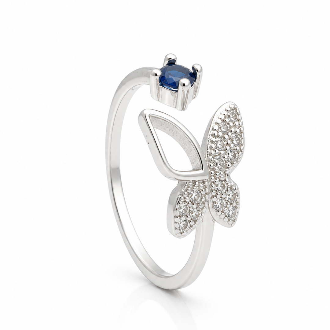 Sapphire Wing — butterfly and blue stone silver ring