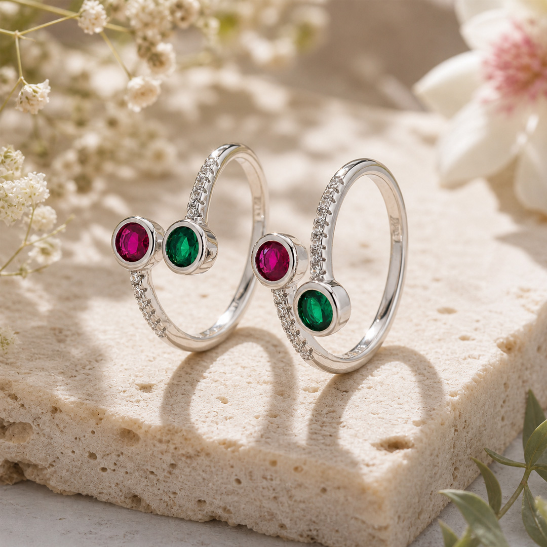 Twin Berry — pink and green bezel silver ring