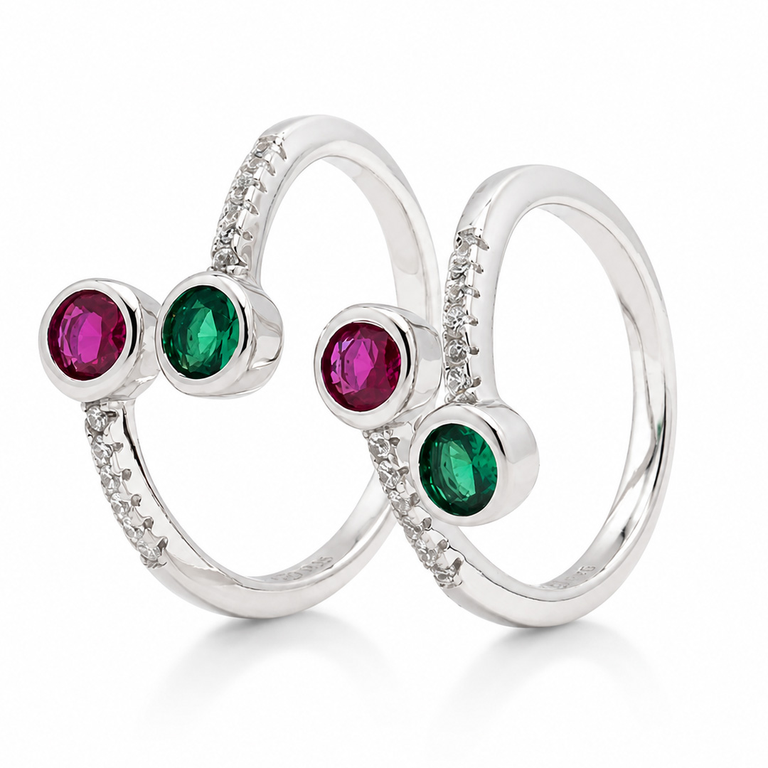 Twin Berry — pink and green bezel silver ring
