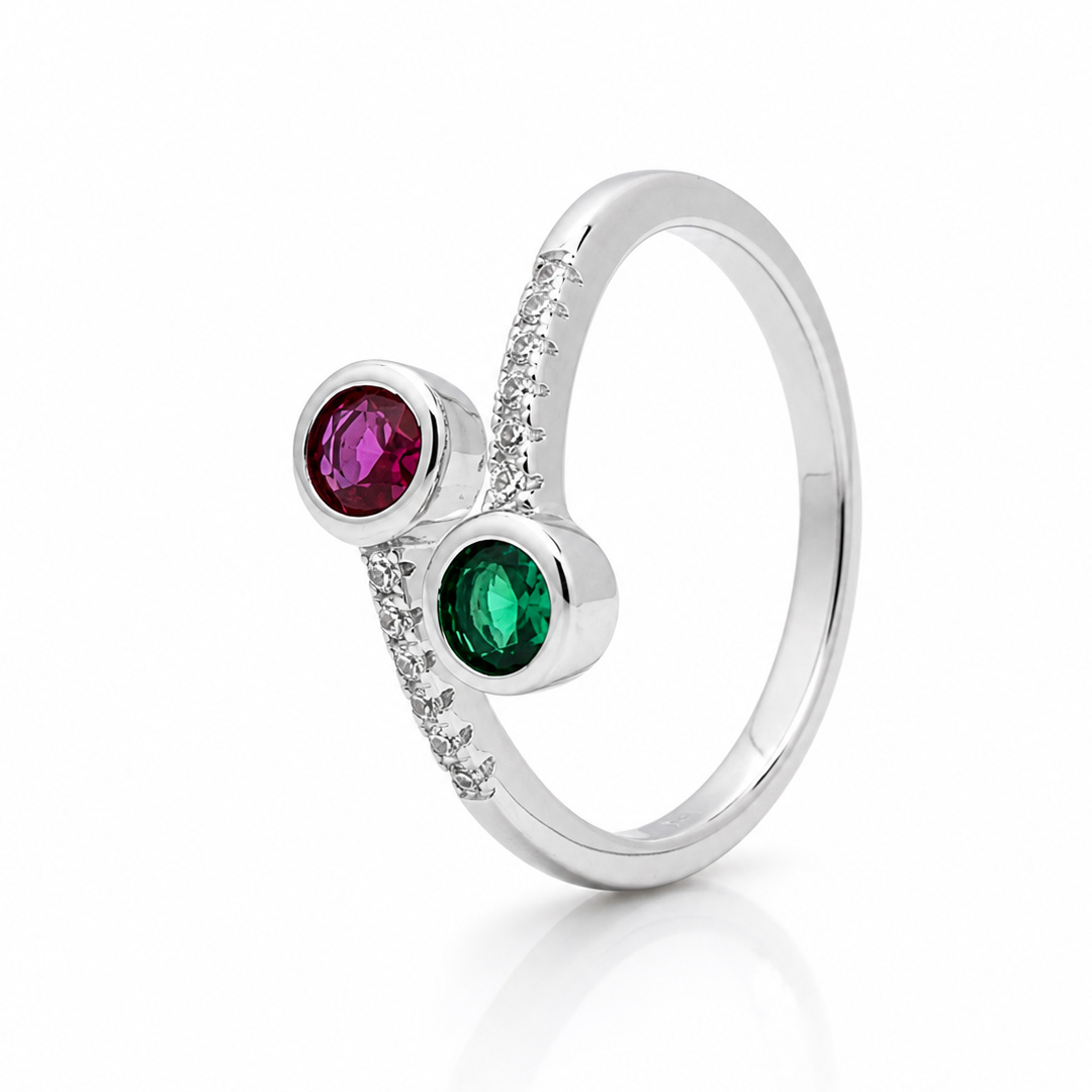 Twin Berry — pink and green bezel silver ring
