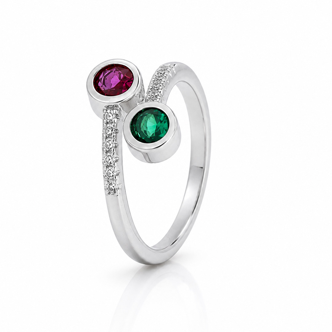 Twin Berry — pink and green bezel silver ring