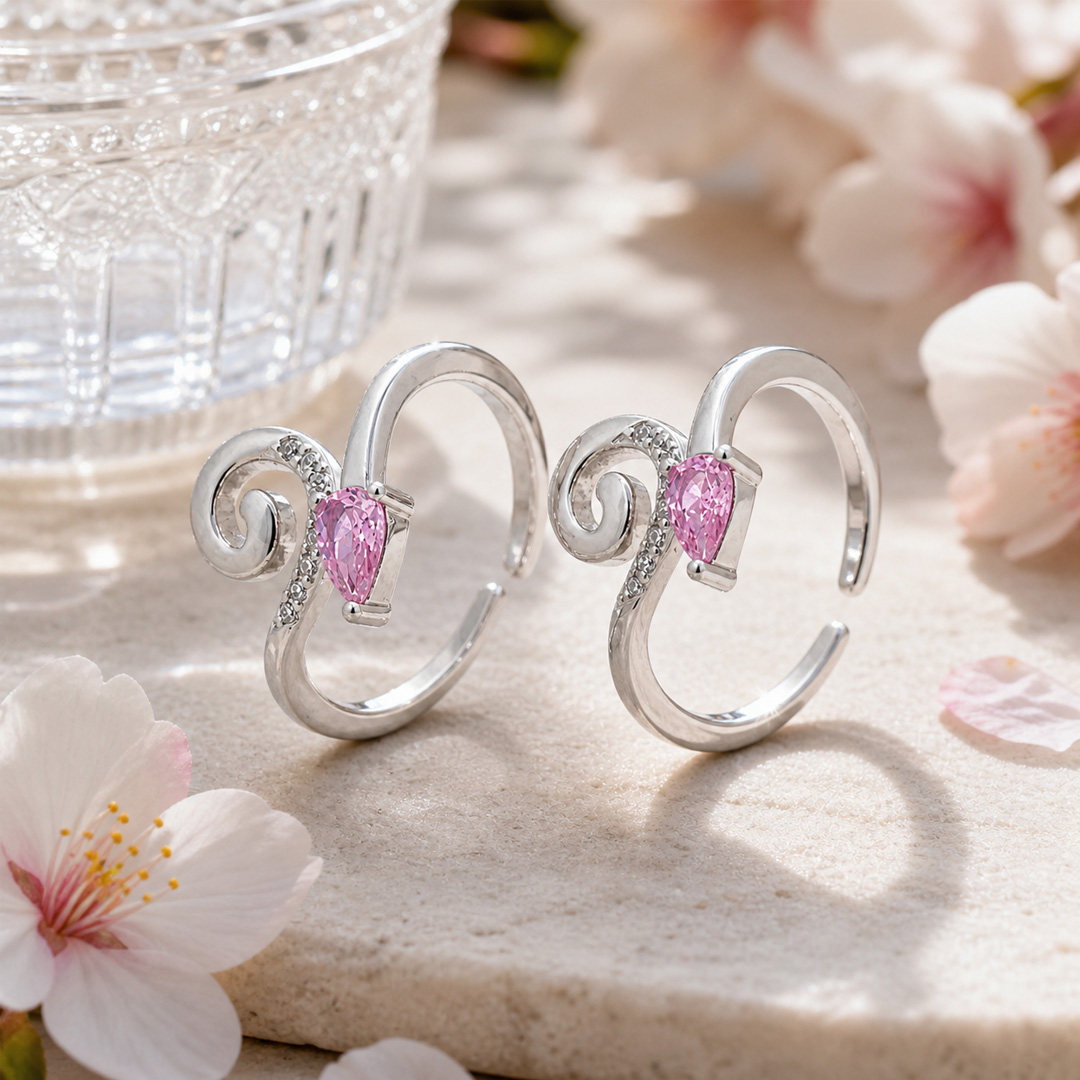 Blossom Curl — wave and pink stone silver ring
