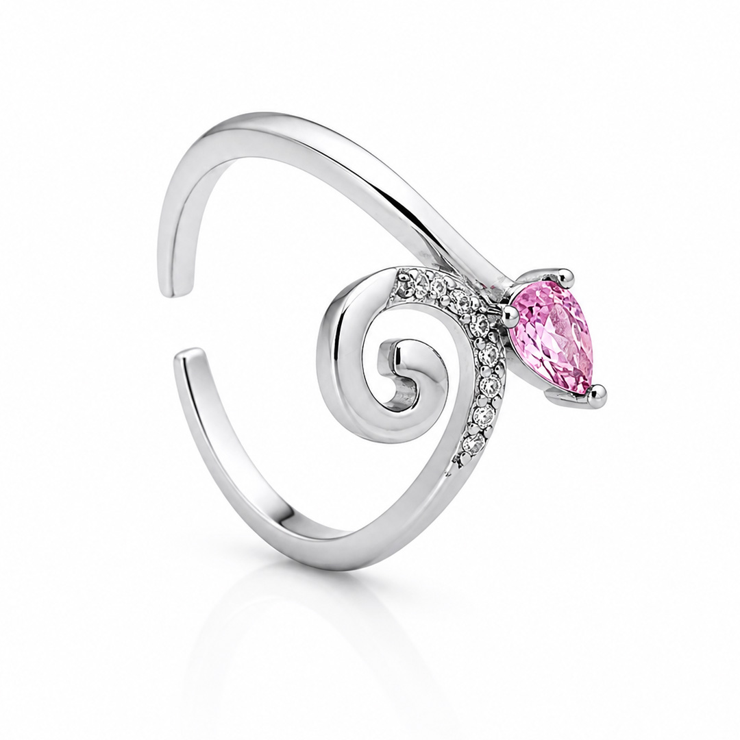 Blossom Curl — wave and pink stone silver ring