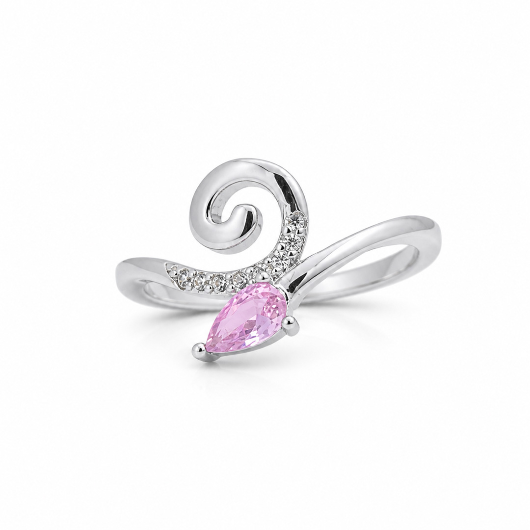Blossom Curl — wave and pink stone silver ring