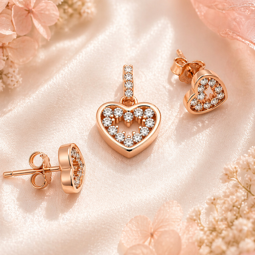 Rose Heart — open heart rose gold jewellery set