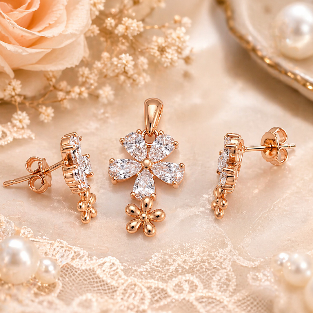 Dual Blossom — rose gold floral drop jewellery set