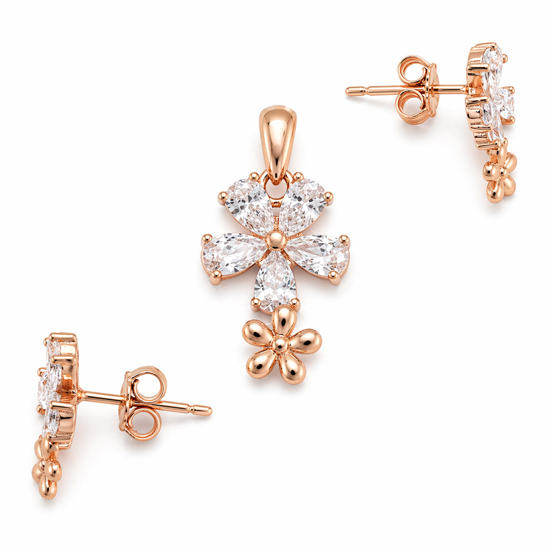 Dual Blossom — rose gold floral drop jewellery set
