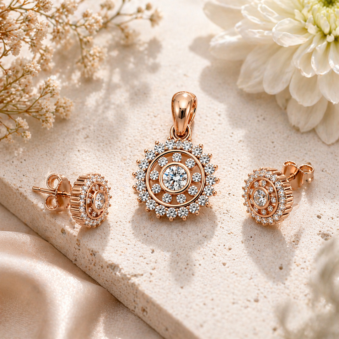 Celestia — sunburst halo rose gold jewellery set