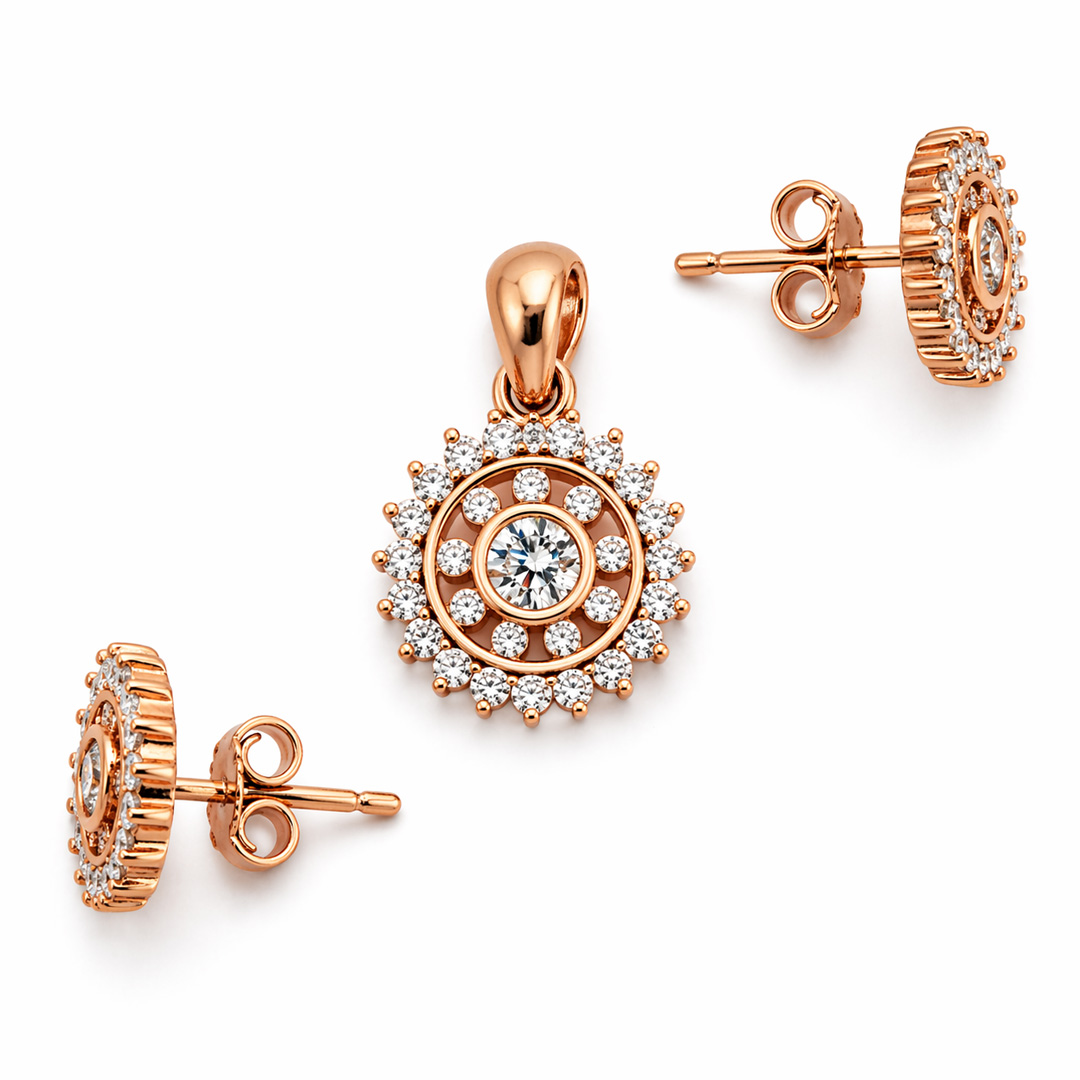 Celestia — sunburst halo rose gold jewellery set