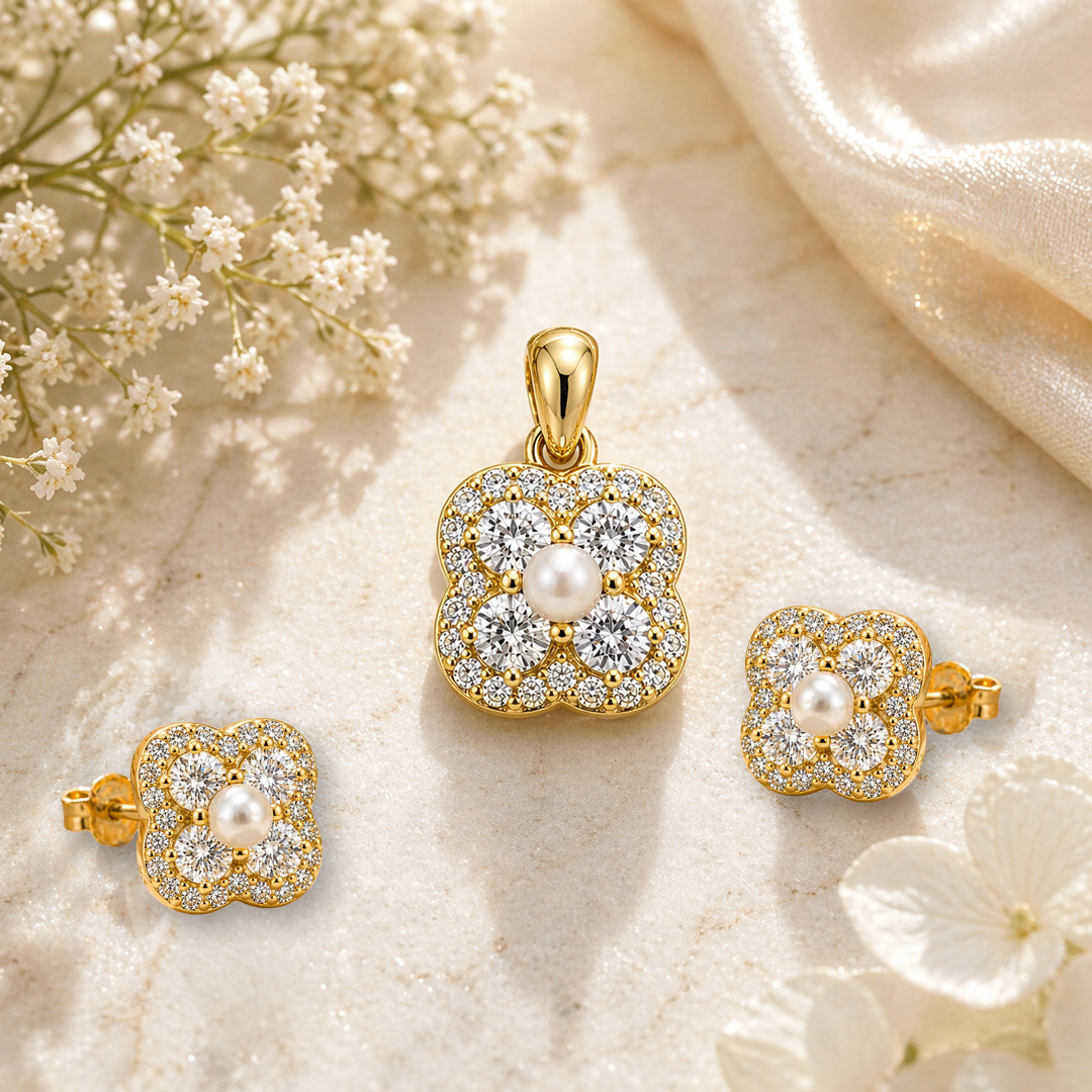 Lumina — pearl and CZ gold jewellery set