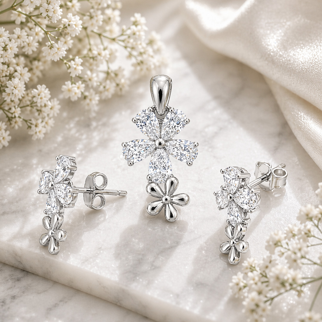 Pétale — pear CZ floral silver jewellery set